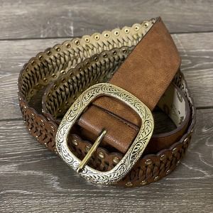 Betsey Johnson Brown and Gold Braided Belt with Studs Size XL